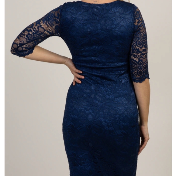 Navy Lace Fitted 3/4 Sleeve Maternity Dress - Picture 3 of 4
